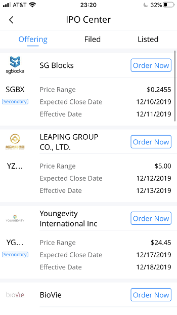 Webull review IPO Center Offerings tab. 