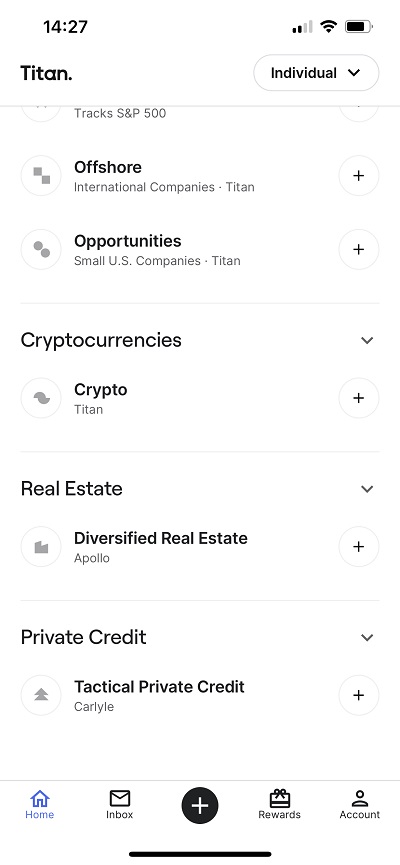 Mobile view of author's account. Crypto, real estate, private credit. 