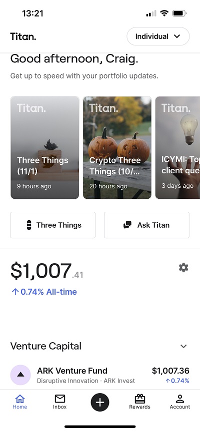 Mobile view of the author's account. ARK Venture Fund review.