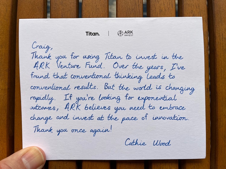 Handwritten note from Cathie Wood.